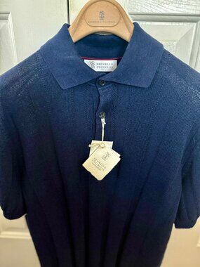 Brunello Cucinelli Men's Linen,Cotton Luxury 3 Button Polo, Navy Sz EU48, Hanger